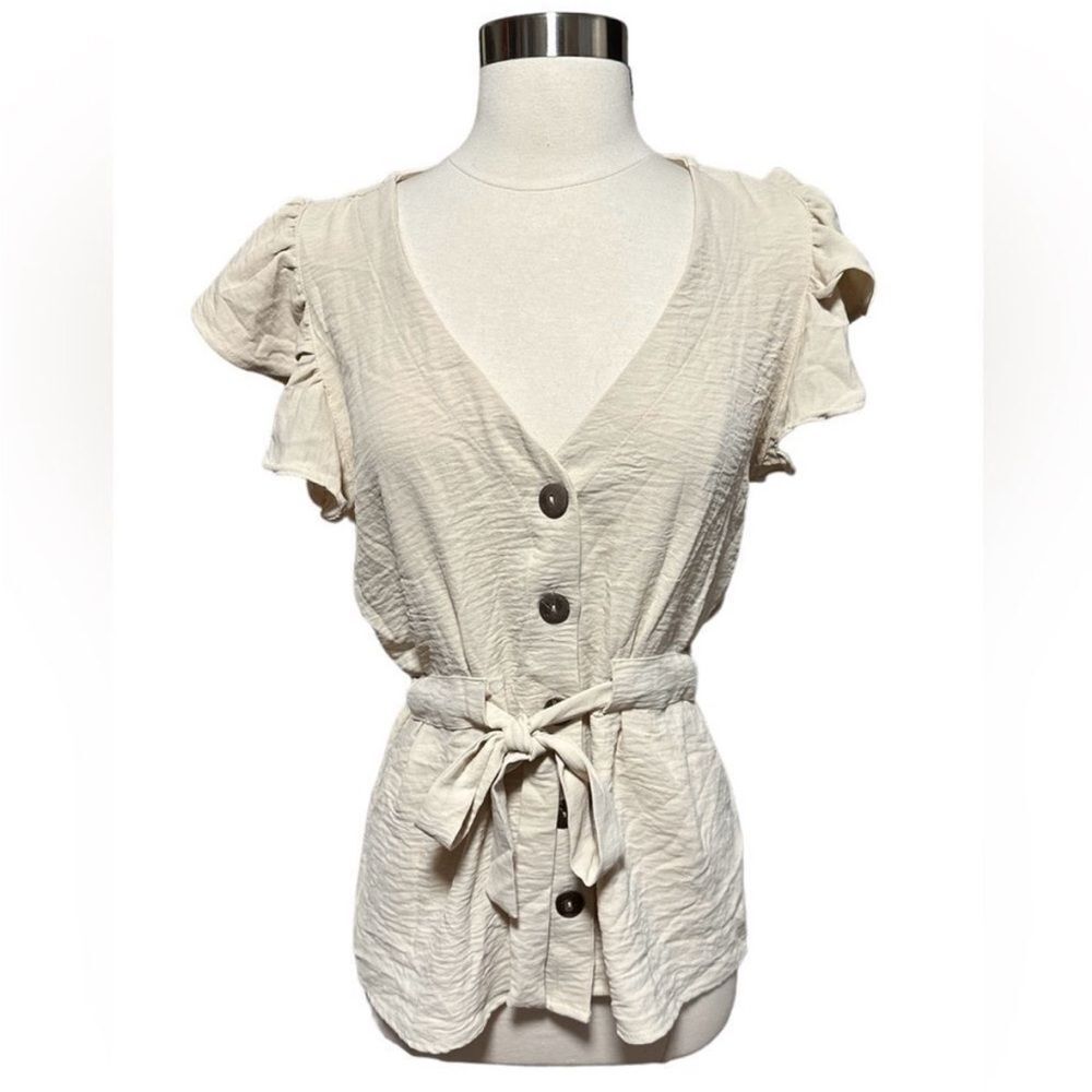 L.I.F.E. Love Is For Eternity - Cream Front Tie, Button Neck Blouse Sz XL NWT - Picture 11 of 11